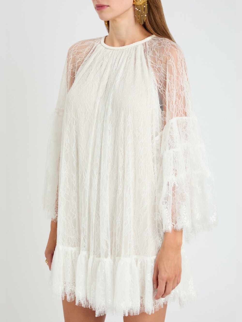 Alice + Olivia Delia Off-White Ruffled Lace Mini Dress